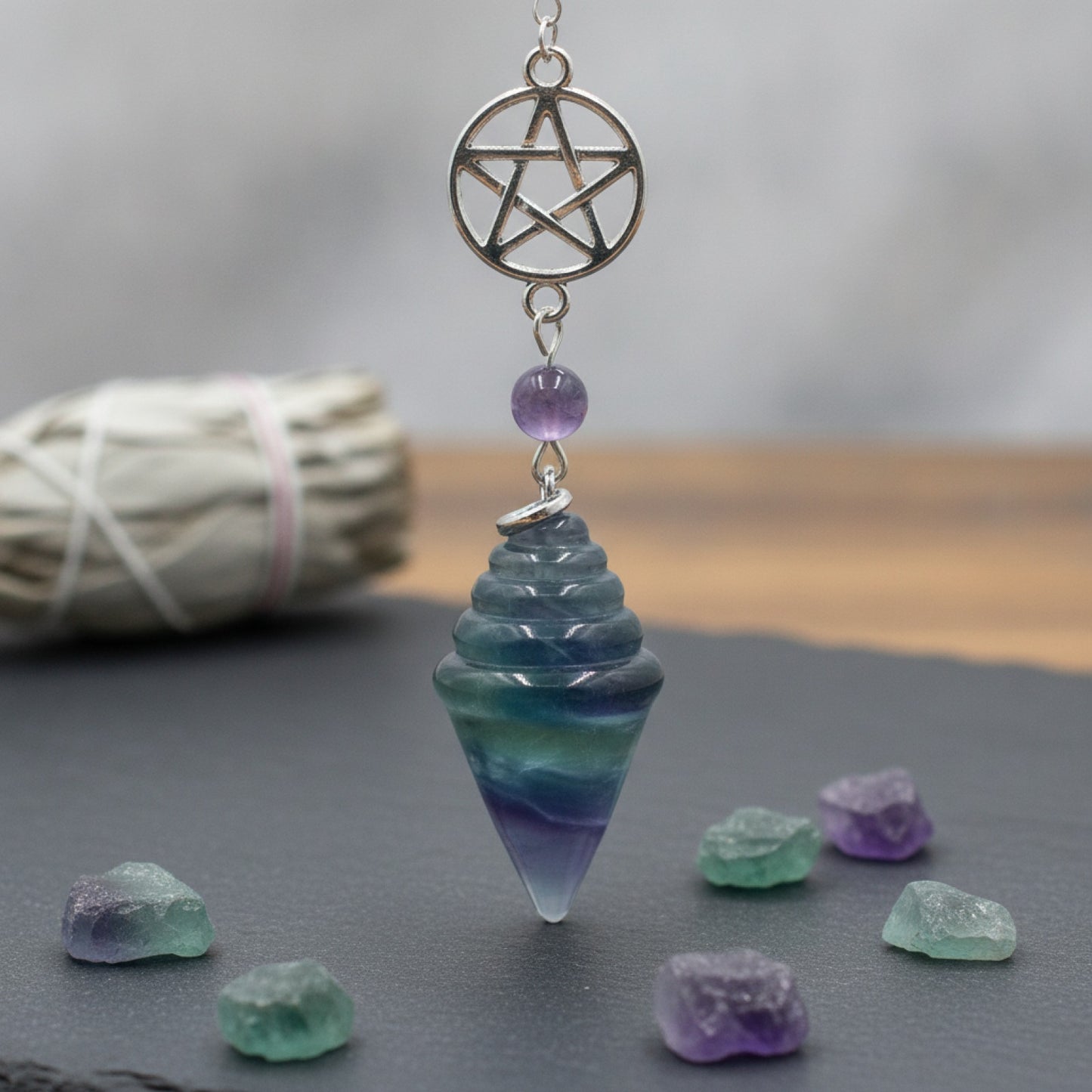Pendule Divinatoire en Cristal Naturel - Quartz Rose, Améthyste, Œil de Tigre, Obsidienne, Fluorite