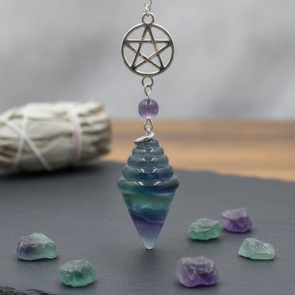 Pendule Divinatoire en Cristal Naturel - Quartz Rose, Améthyste, Œil de Tigre, Obsidienne, Fluorite