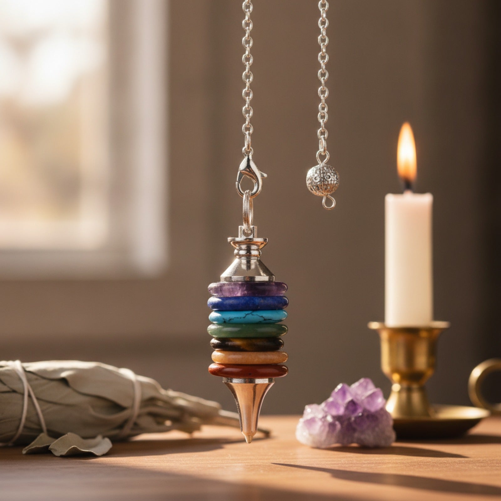 Pendule de Radiesthésie en Pierre Naturelle 7 Chakras pour Guérison Énergétique et Divination