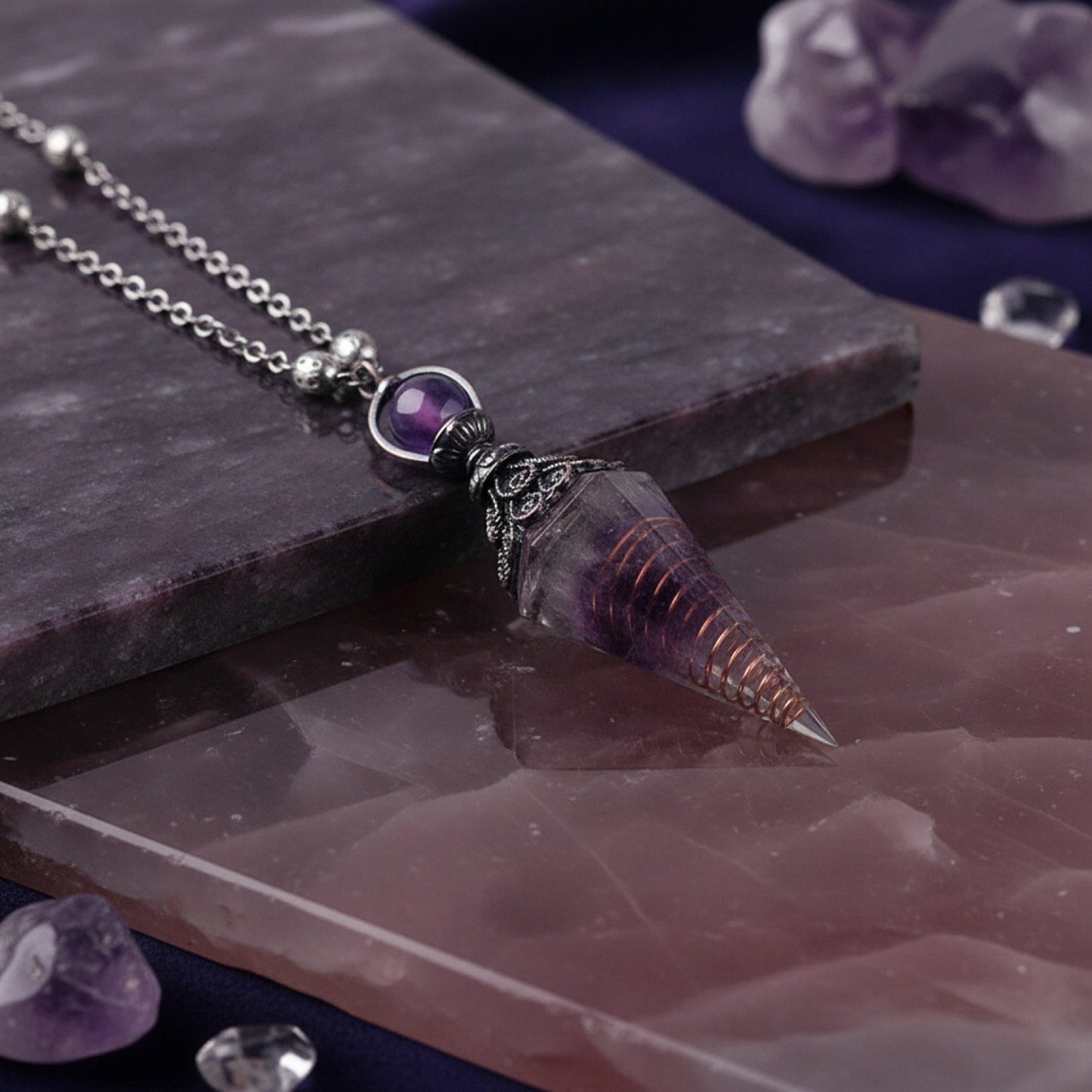 Collier Pendentif Pierre Naturelle Hexagonal - Cristal, Améthyste, Quartz Rose - Bijou Chakra