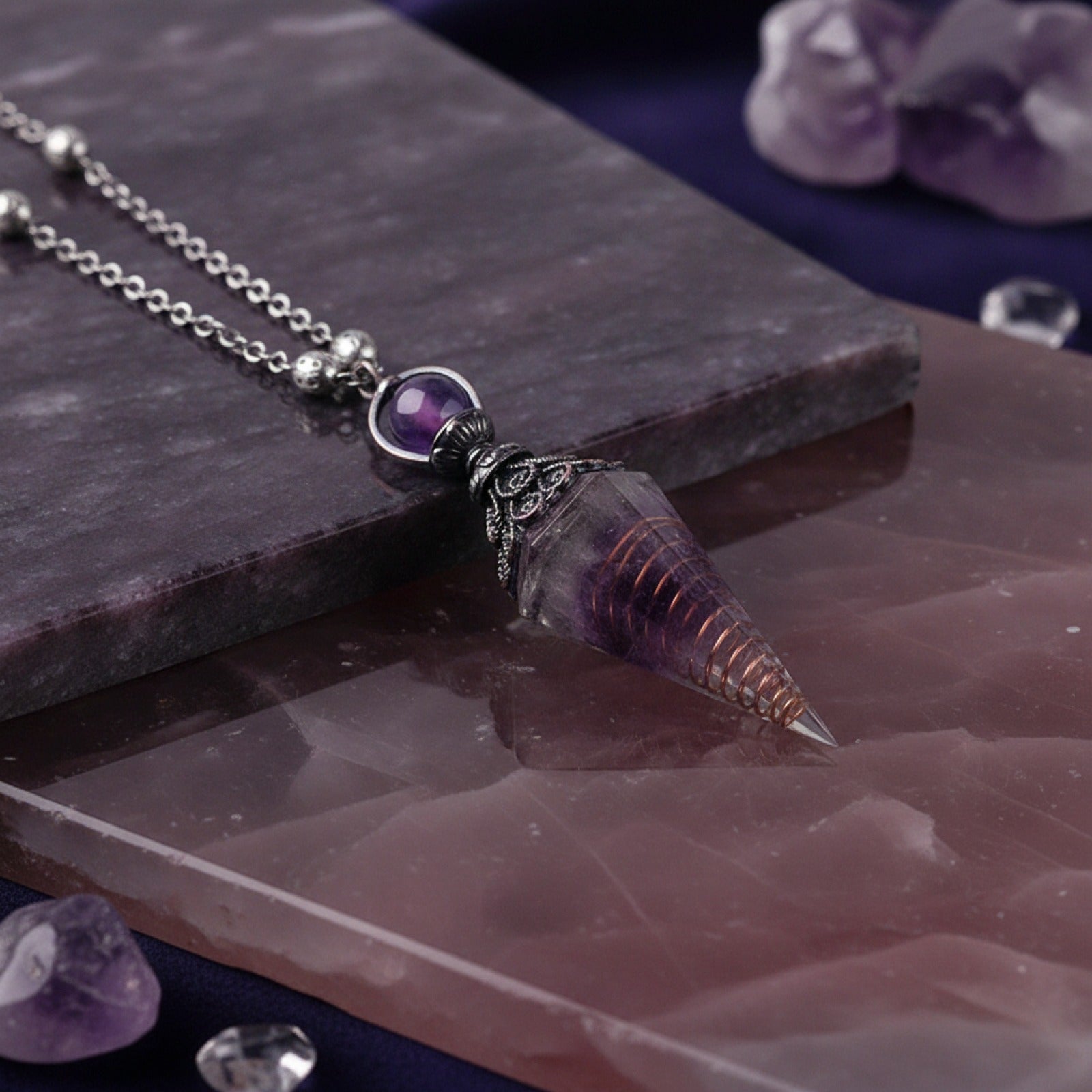 Collier Pendentif Pierre Naturelle Hexagonal - Cristal, Améthyste, Quartz Rose - Bijou Chakra