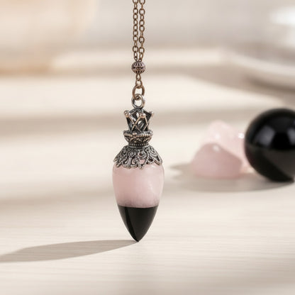 Pendule Spirituel en Cristal de Quartz Rose et Obsidienne - Pierre Naturelle pour Radiesthésie et Divination