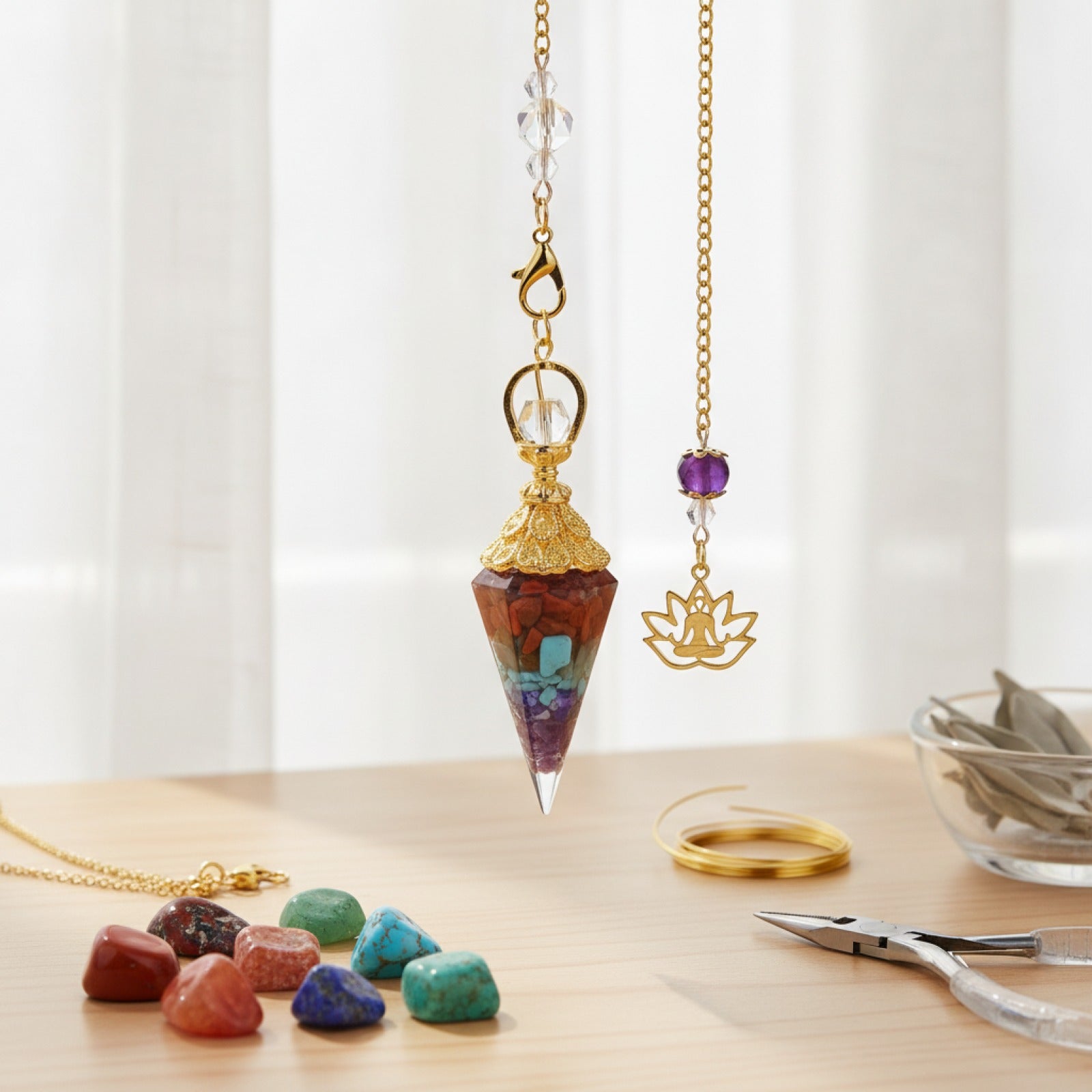 Pendentif Pendule Sept Chakras en Pierre Naturelle et Chaîne Dorée - Bijou Énergétique pour Création de Colliers