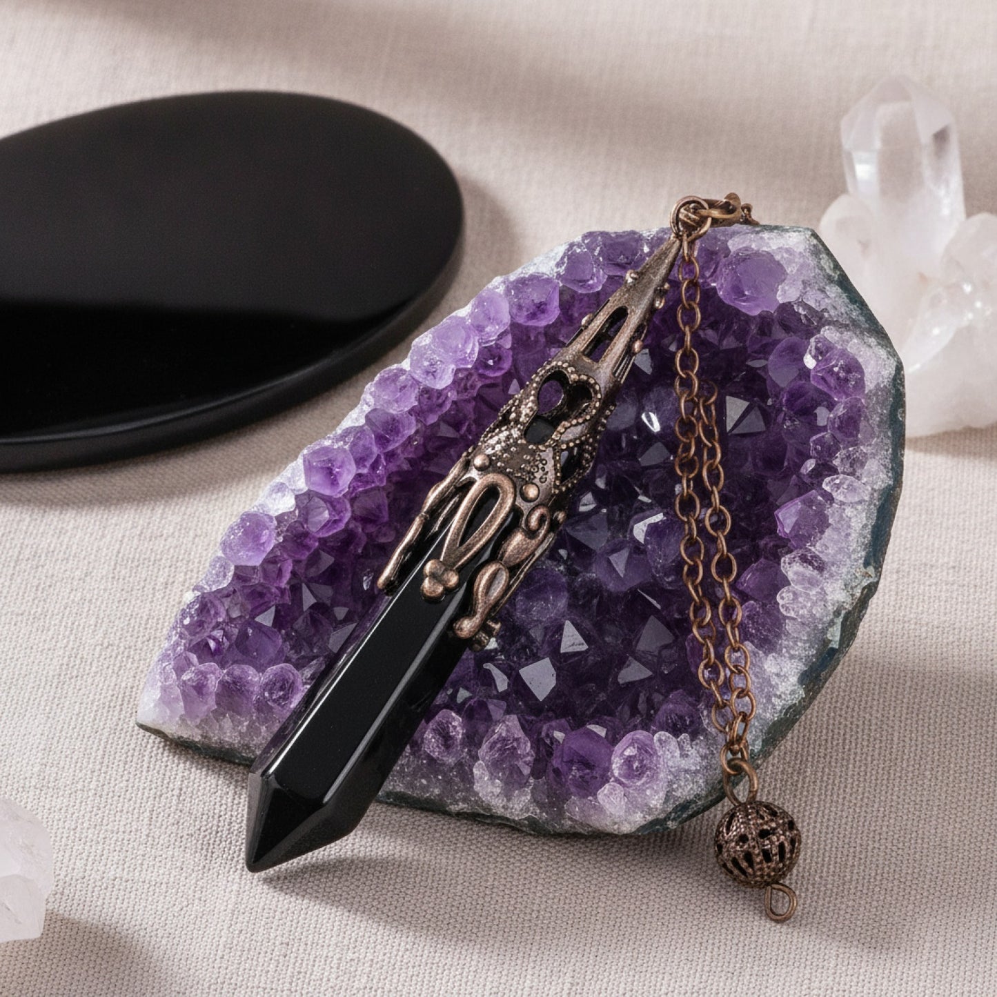 Pendule de Radiesthésie en Pierre Naturelle Véritable : Améthyste, Obsidienne Noire, Quartz Spirituel pour Reiki et Divination