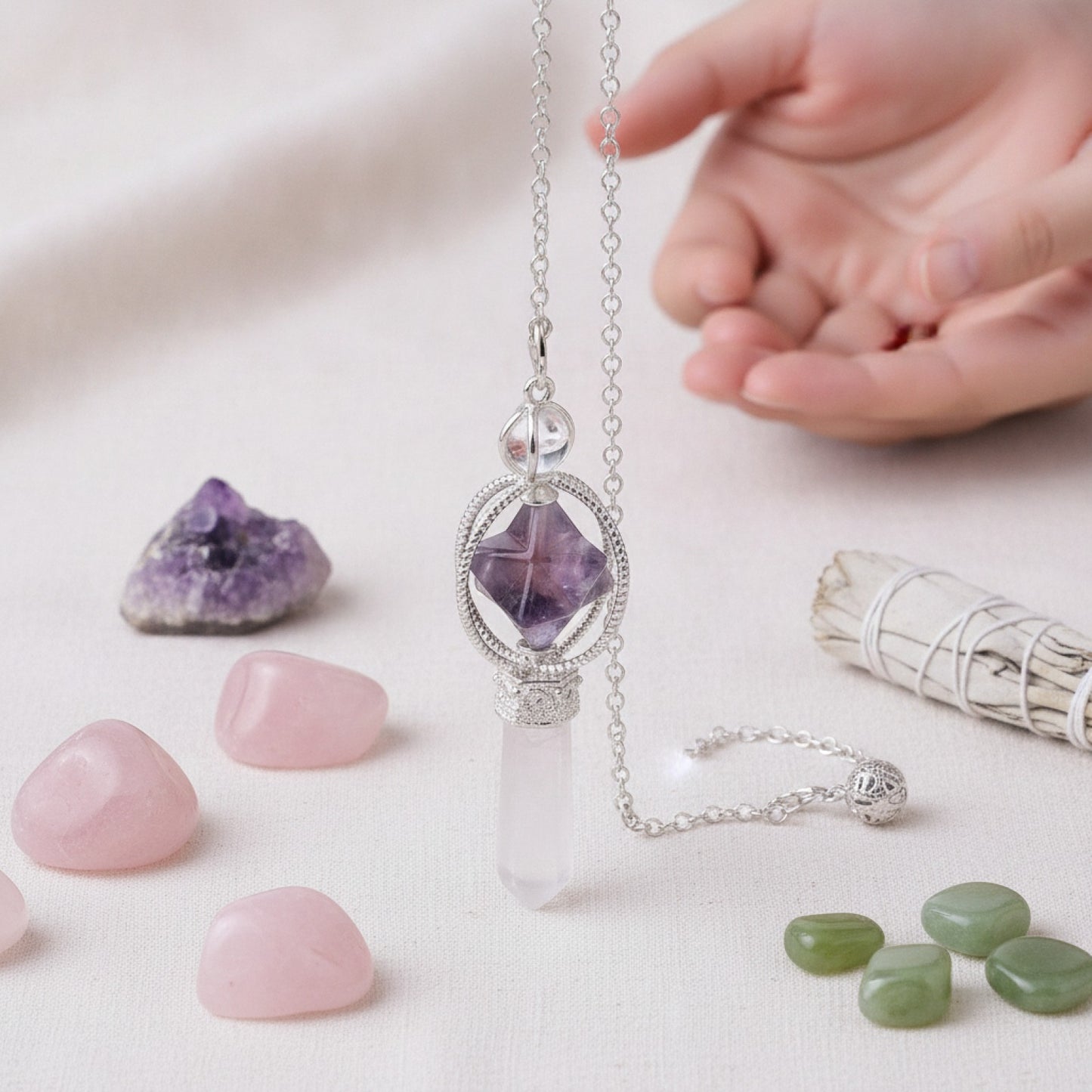 Pendule Merkaba en Quartz Rose - Pierre Naturelle pour Radiesthésie et Guérison Reiki