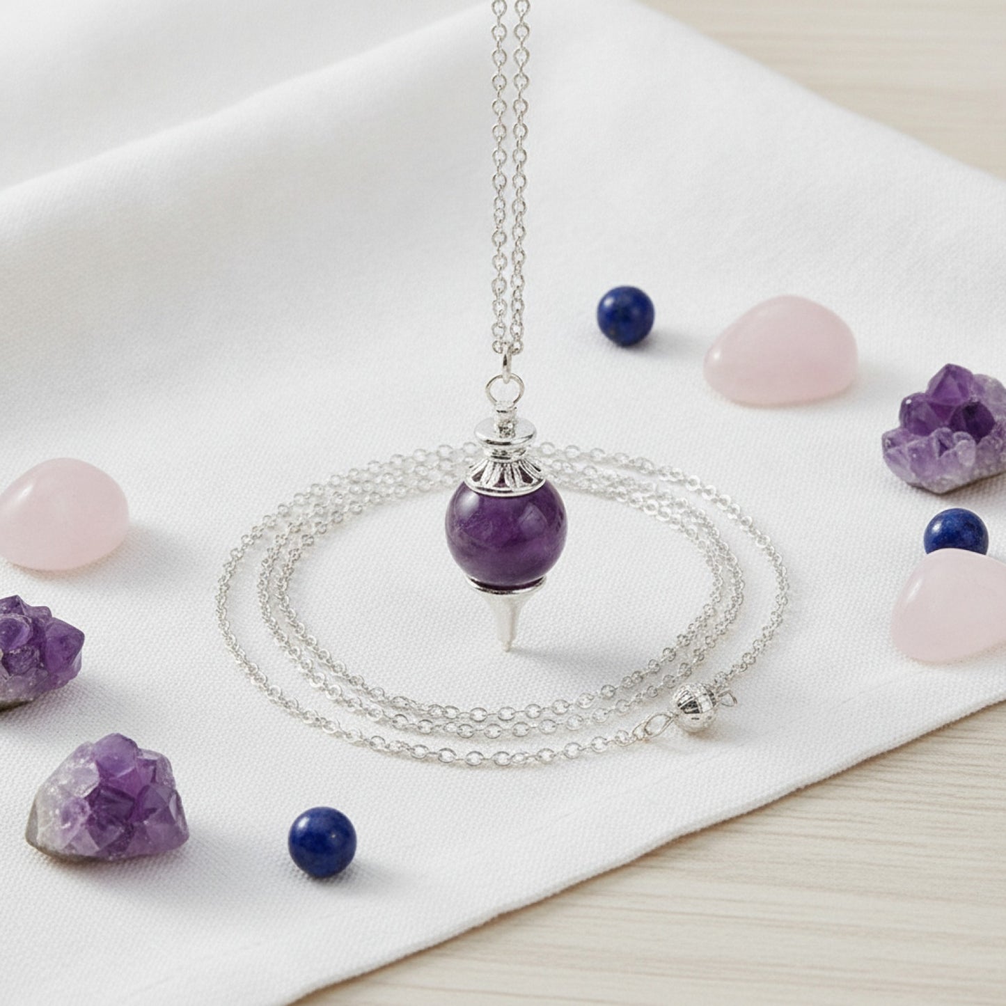 Pendule de Radiesthésie en Pierre Naturelle - Améthyste, Quartz Rose, Lapis Lazuli, Œil de Tigre