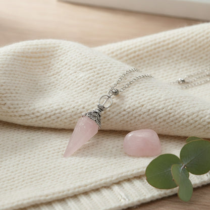 Pendule Reiki Quartz Rose Naturel - Cône Hexagonal pour Bijoux & Collier