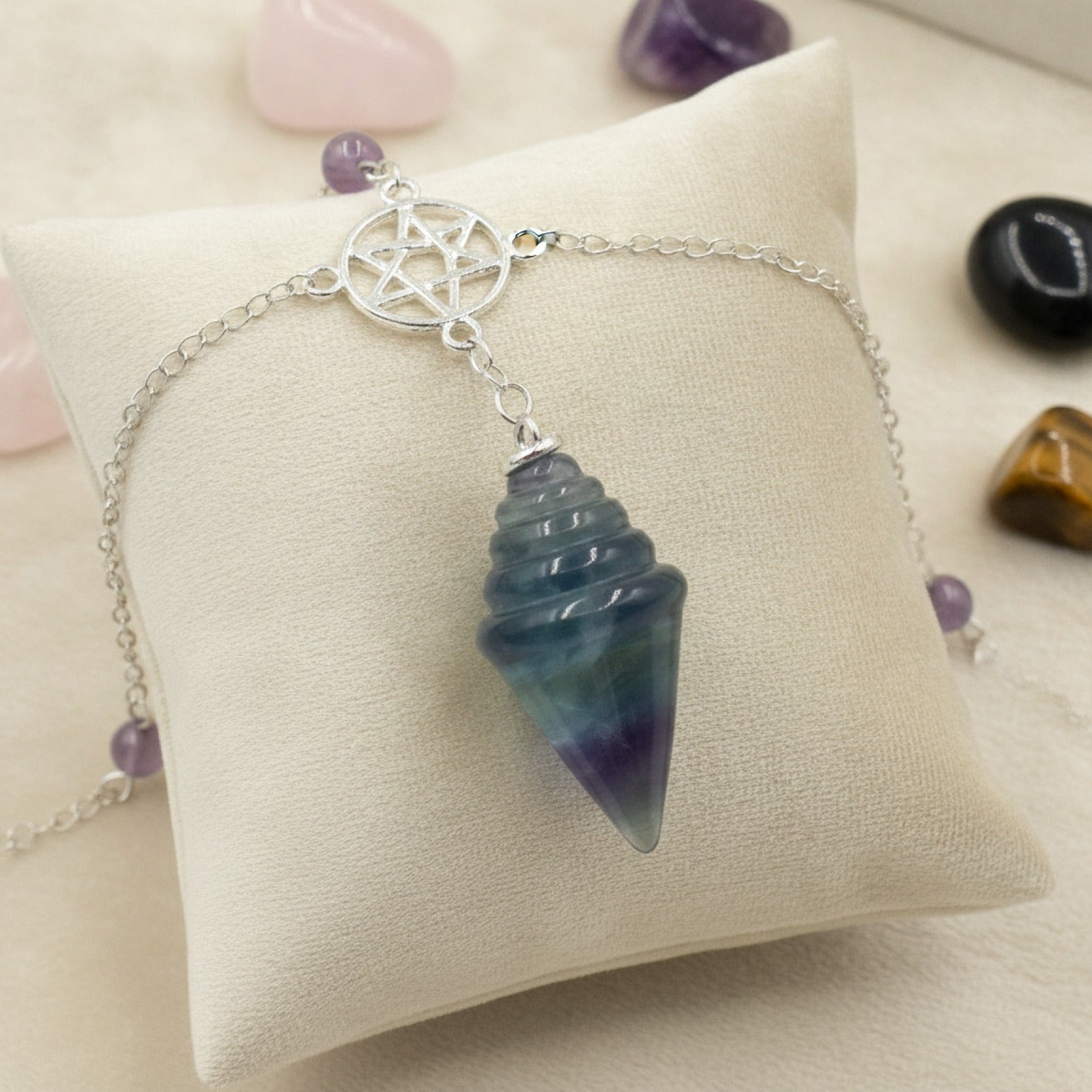 Pendule Divinatoire en Cristal Naturel - Quartz Rose, Améthyste, Œil de Tigre, Obsidienne, Fluorite
