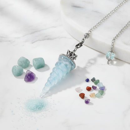 Pendule Divinatoire Précision en Résine avec Cristal Aigue-Marine 7 Chakras - Radiesthésie & Guérison Énergétique