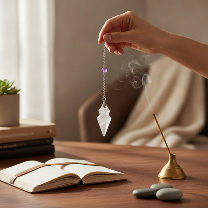 Pendule Conique en Pierre Naturelle Véritable - Quartz Clair & Fluorite Améthyste pour Radiesthésie Spirituelle