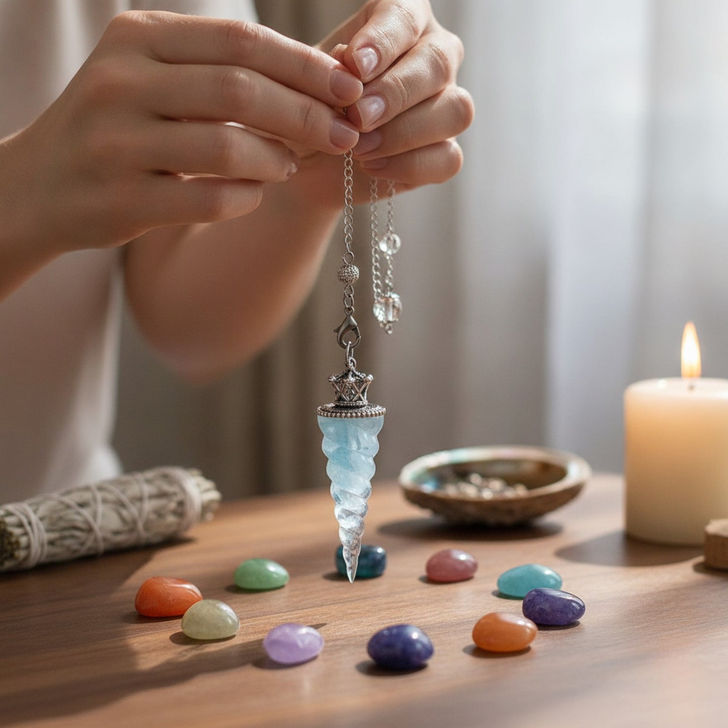 Pendule Divinatoire Précision en Résine avec Cristal Aigue-Marine 7 Chakras - Radiesthésie & Guérison Énergétique