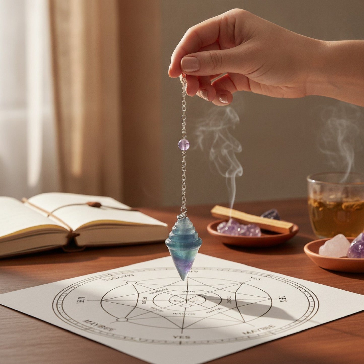 Pendule Divinatoire en Cristal Naturel - Quartz Rose, Améthyste, Œil de Tigre, Obsidienne, Fluorite