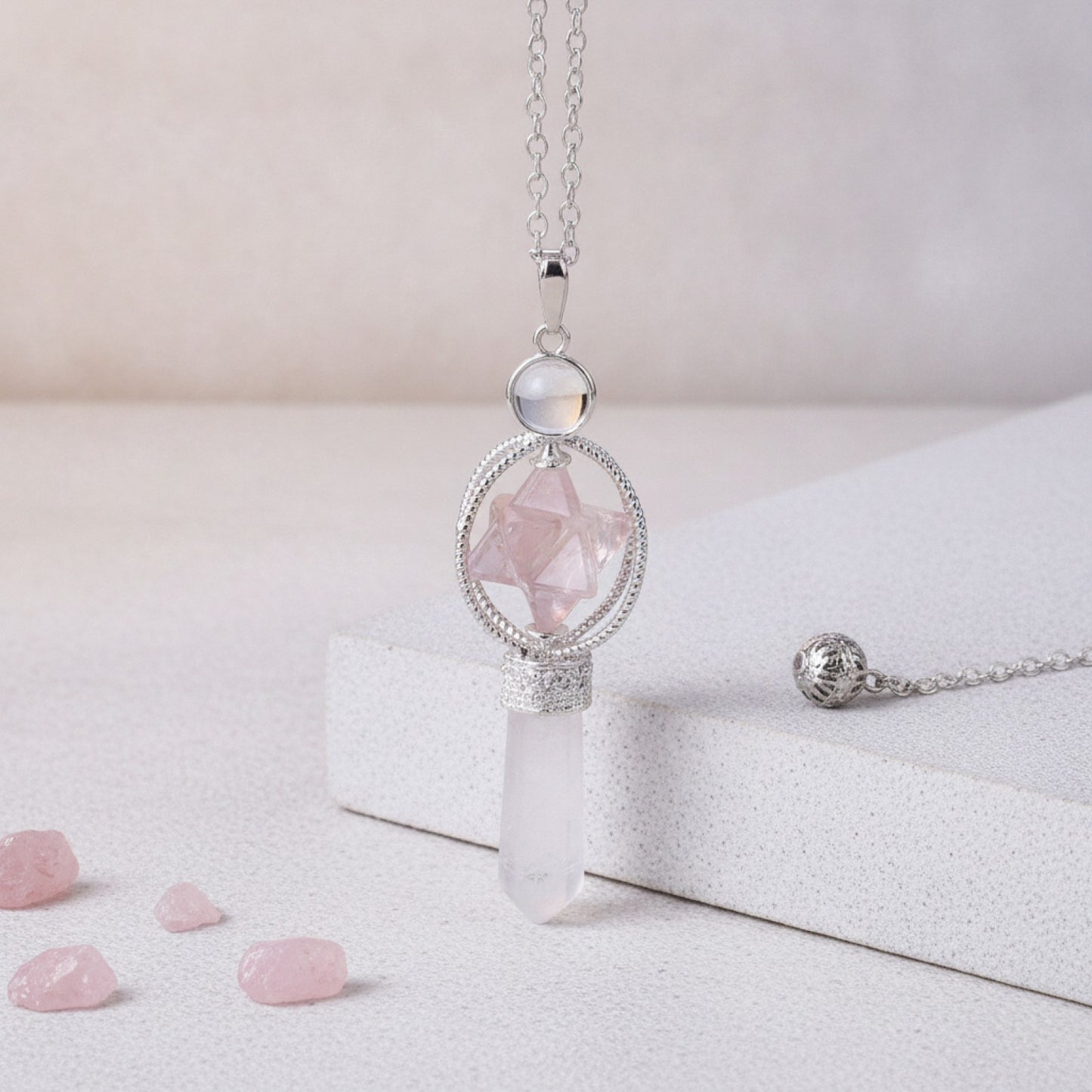 Pendule Merkaba en Quartz Rose - Pierre Naturelle pour Radiesthésie et Guérison Reiki