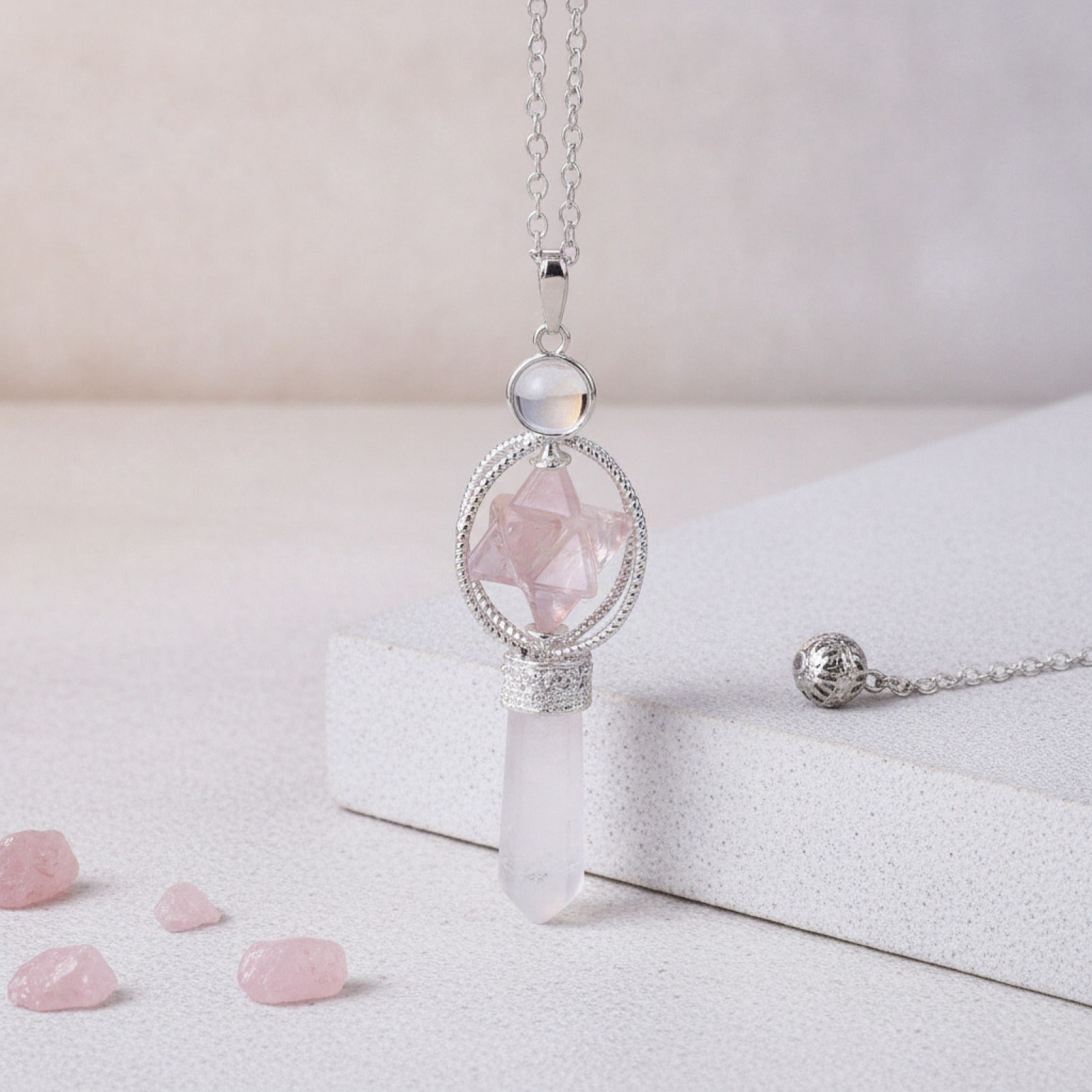 Pendule Merkaba en Quartz Rose - Pierre Naturelle pour Radiesthésie et Guérison Reiki