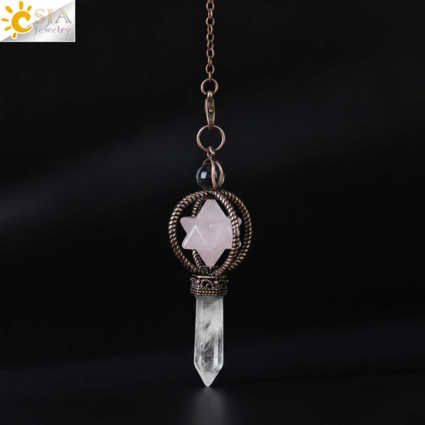 Pendule Divinatoire Merkaba en Cristal de Quartz Clair - Pierre Naturelle & Bronze Rouge