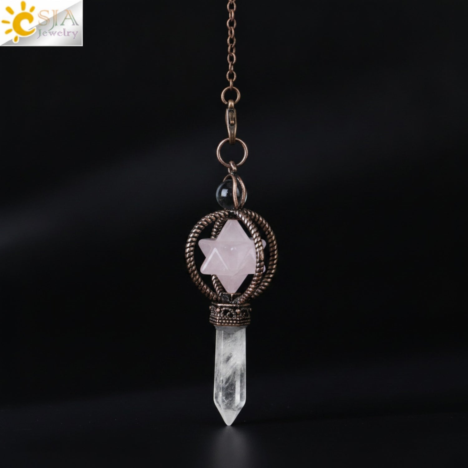 Pendule Divinatoire Merkaba en Cristal de Quartz Clair - Pierre Naturelle & Bronze Rouge