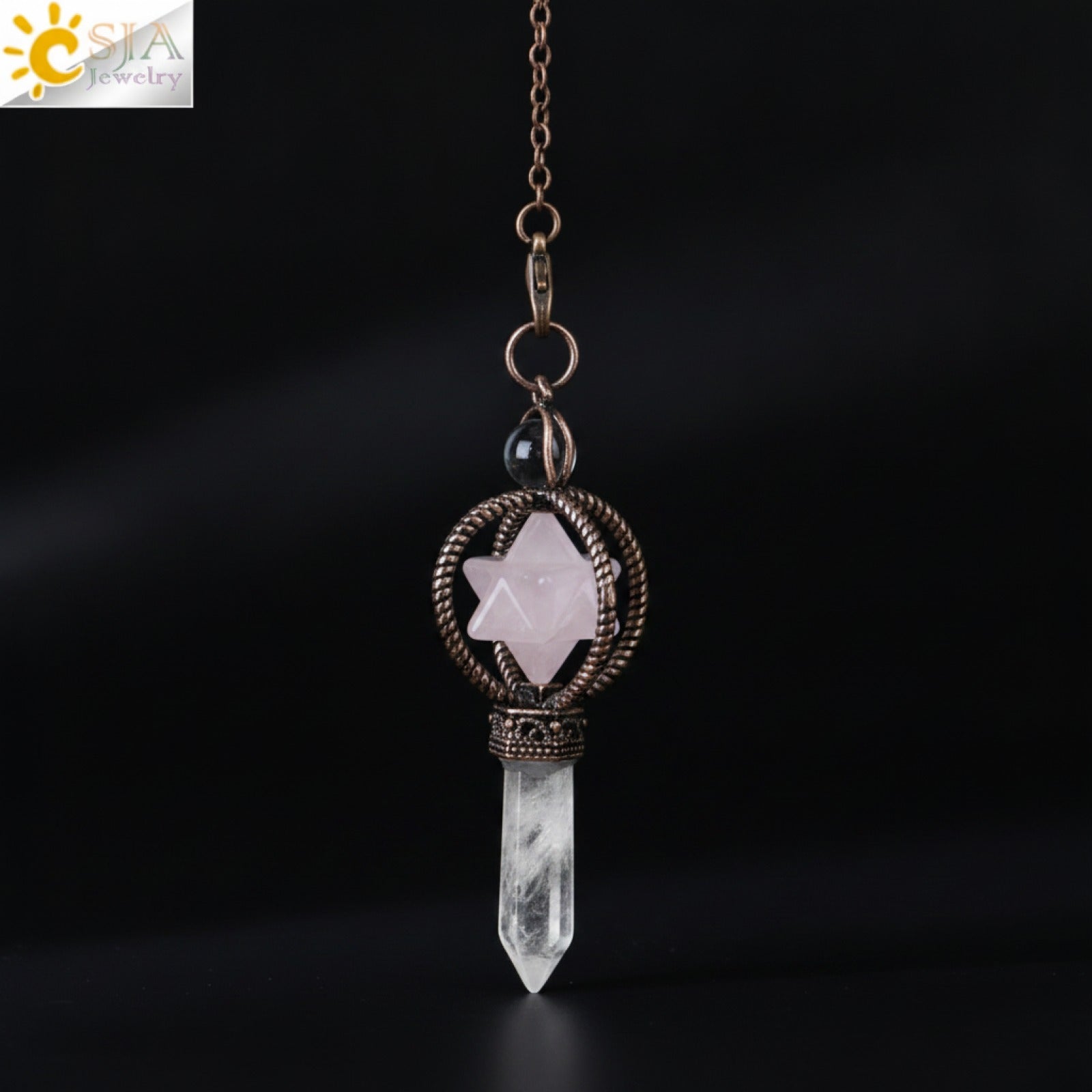 Pendule Divinatoire Merkaba en Cristal de Quartz Clair - Pierre Naturelle & Bronze Rouge