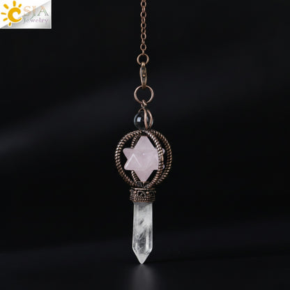 Pendule Divinatoire Merkaba en Cristal de Quartz Clair - Pierre Naturelle & Bronze Rouge