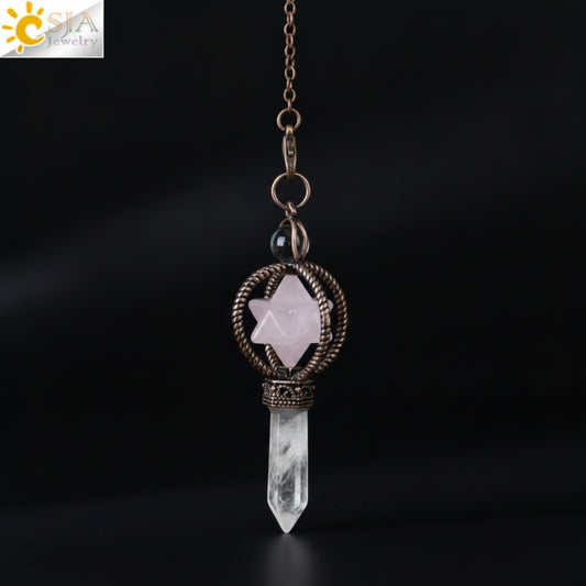 Pendule Divinatoire Merkaba en Cristal de Quartz Clair - Pierre Naturelle & Bronze Rouge