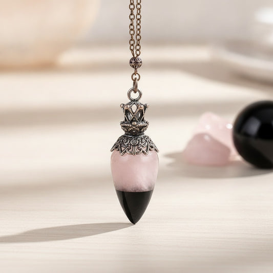 Pendule Spirituel en Cristal de Quartz Rose et Obsidienne - Pierre Naturelle pour Radiesthésie et Divination