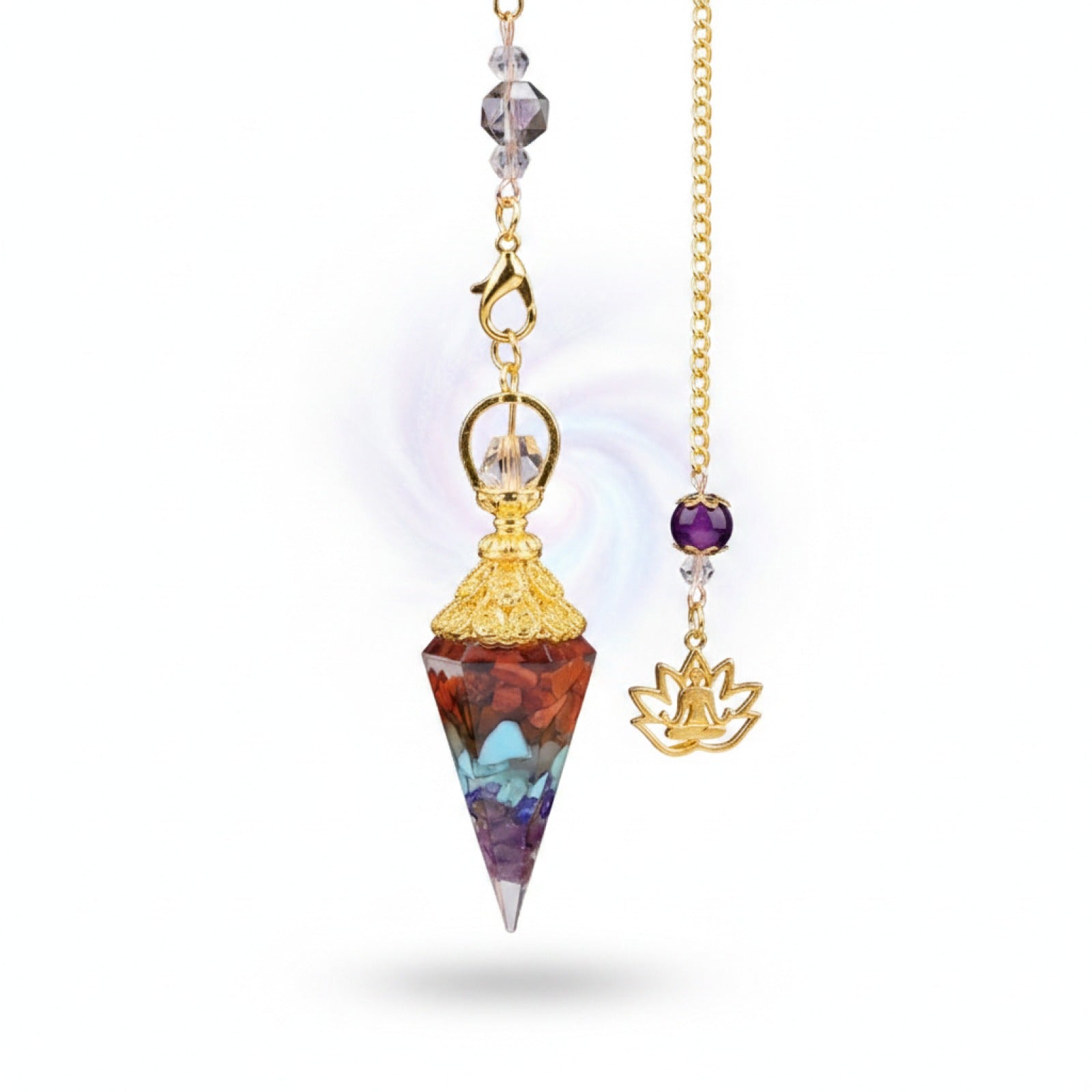 Pendentif Pendule Sept Chakras en Pierre Naturelle et Chaîne Dorée - Bijou Énergétique pour Création de Colliers
